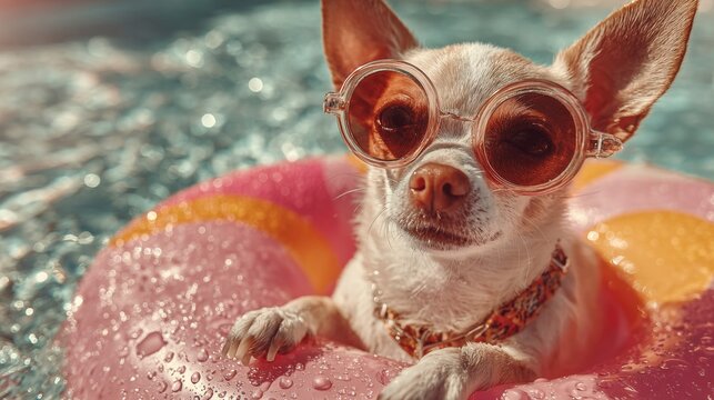 Chihuahua dog wearing sunglasses floats in pool on inflatable ring