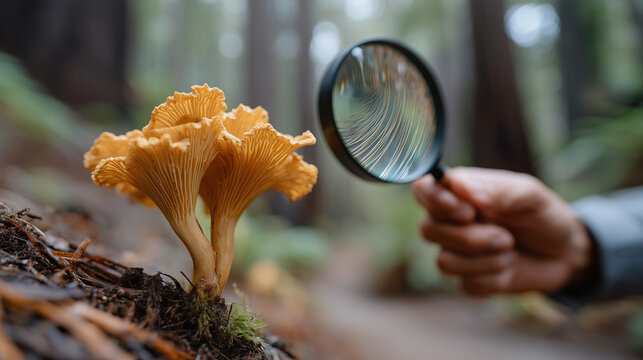 Forager holds magnifying loupe to undersides of chanterelle gills for false chanterelle comparison, field identification technique, temperate forest floor, mushroom foraging accuracy, camp dinner sa