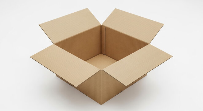 An empty brown corrugated cardboard box with all its flaps wide open is positioned on a clean white background