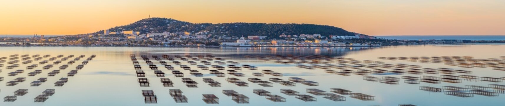 Mount Saint Clair behind the oyster tables, on the Thau lagoon, in Bouzigues, Occitanie, France.