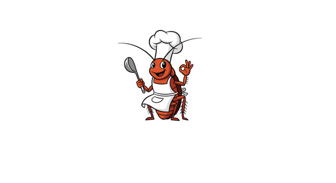 Cheerful cockroach mascot dressed in a white chef hat and apron holds a metal ladle and makes an okay hand gesture.