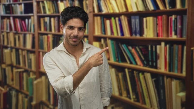 Man points finger at books on wooden shelves in library building while smiling and standing; friendly curiosity.