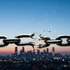 Naklejka premium A broken chain with sparks flying against a city skyline at dusk