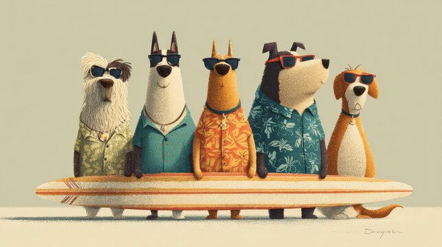 Group of cartoon dogs wearing sunglasses and Hawaiian shirts by surfboard