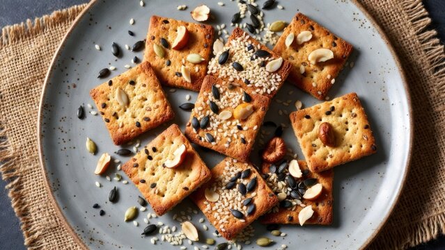 Square seed crackers topped with nuts on rustic plate