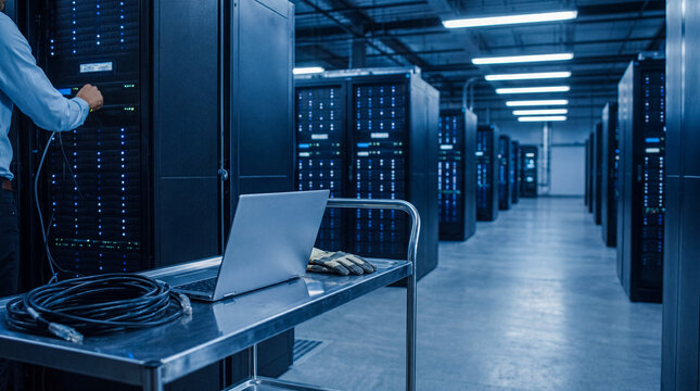 IT engineer performing maintenance on server racks in a large modern data center aisle with a laptop cart.