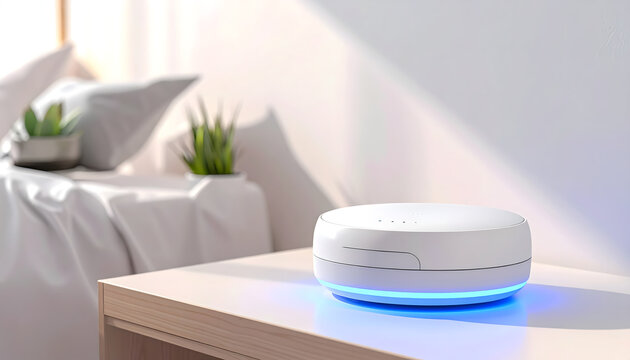 White sound machine on a shelf with soft blue light glowing in a dark peaceful room for perfect sleep comfort generative AI