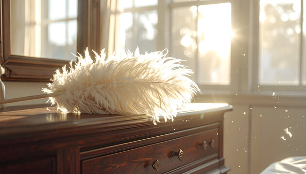 Ostrich feather duster resting on a dark wood dresser with dust motes in the air against a bright airy window generative AI