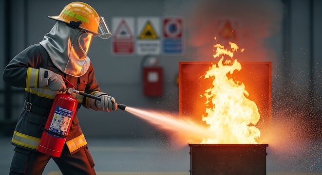 Firefighter using fire extinguisher effectively.