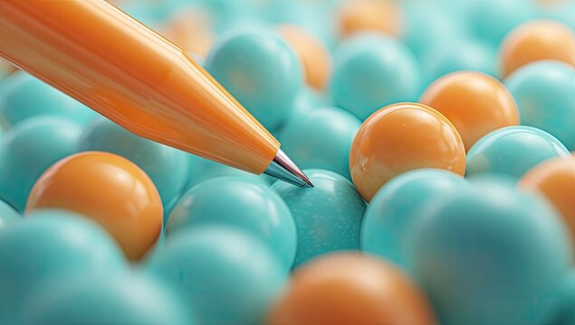 Orange pen tip touches a turquoise sphere amidst a sea of similar spheres