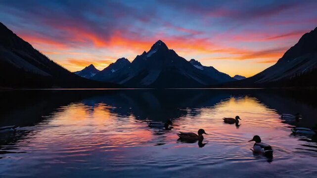 Scenic sunset over mountain lake with reflections and mallard ducks gracefully swimming at dusk