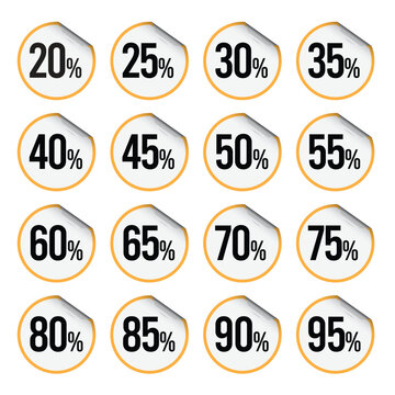 Discount Stickers with 20, 25, 30, 35, 40, 45, 50, 55, 60, 65, 70, 75, 80, 85, 90 and 95 percent, Unique design with paper fold, Sticker fold.