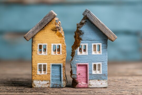 Two small wooden houses, divided, with chipped paint, sit on wood