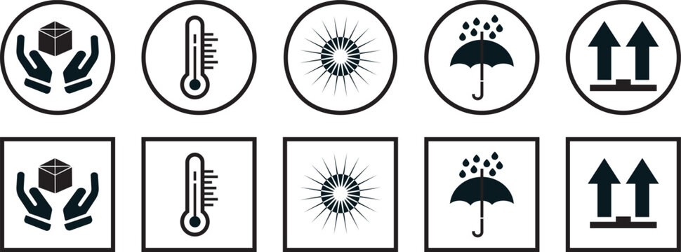 Packaging and Handling Symbols Icon Set &ndash; Shipping, Fragile, Logistics and Delivery Icons