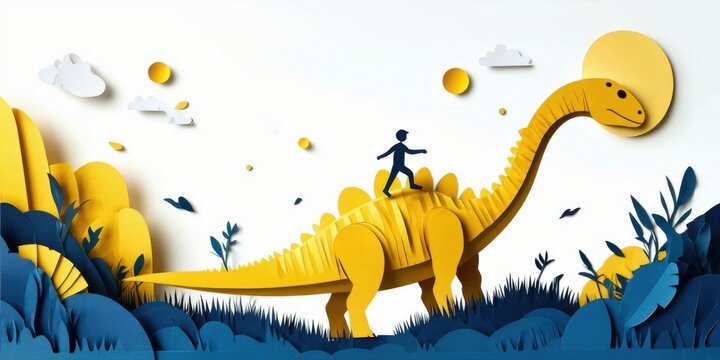 Papercraft illustration depicts longnecked dinosaur, tiny human figure atop. Blue foliage, yellow suns create whimsical scene.