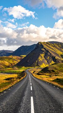 A winding asphalt road traverses a vibrant landscape with rolling hills, a mountain backdrop, and a textured cloudy sky