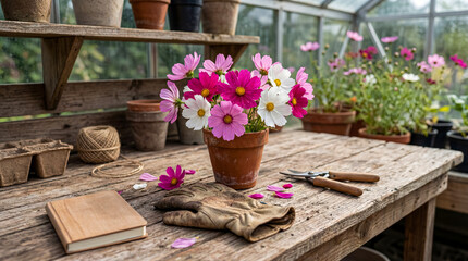 Potted cosmos flowers on rustic wooden table inside a greenhouse, with various gardening tools. © Stephen