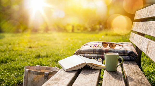 Serene rustic wooden park bench with open book, warm coffee, and sunglasses in golden hour light.