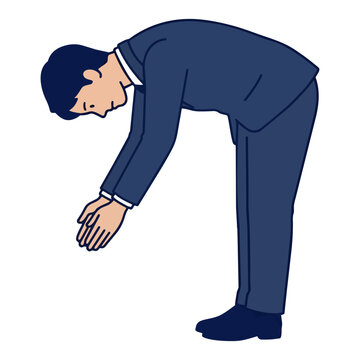 Full body illustration of a Japanese businessman in a suit doing standing hamstring stretch and forward bend exercise on white background