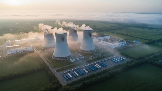 aerial view power plant cooling towers steam rising over green fields