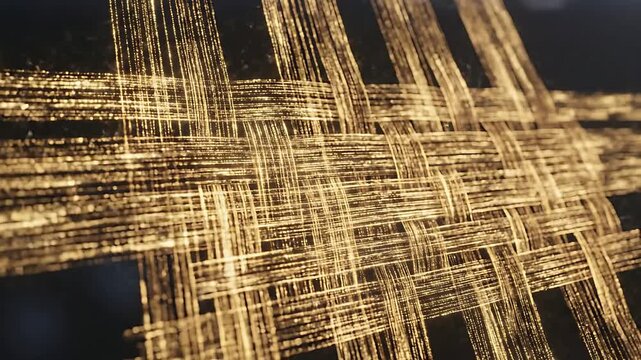 Close-up of shimmering golden lines, intricately woven into an abstract lattice pattern, delivering a dynamic visual.