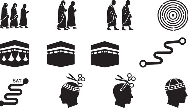 Hajj rituals, kaaba, and haircut silhouettes mecca pilgrimage