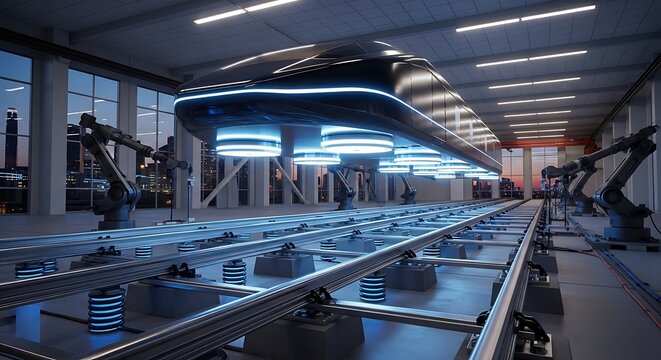 A grand, levitating high-speed vehicle being expertly assembled by advanced robotics in a state-of-the-art futuristic factory
