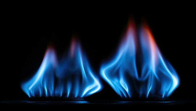 Two vibrant blue flames rise in the dark, with hints of orange at the tips