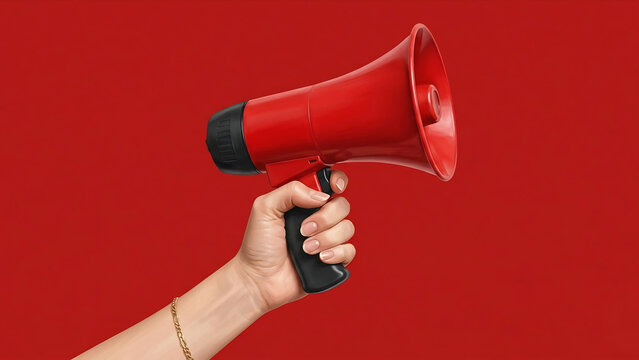 Female hand holding red megaphone on red background, bold marketing and announcement concept. 