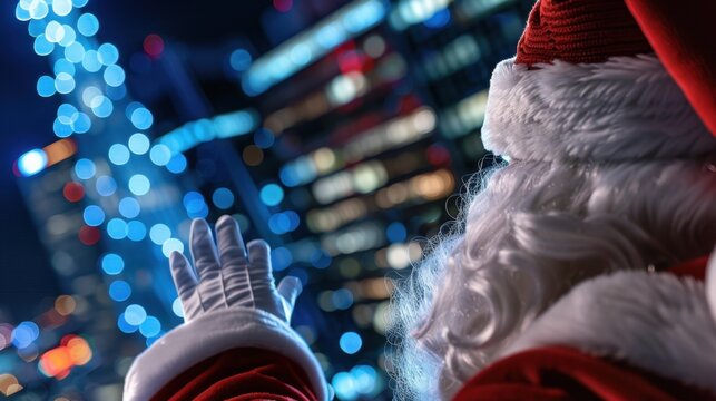 Santa Claus Waves Goodbye in Front of Beautiful City Lights During Christmas Night with Colorful Bokeh Background
