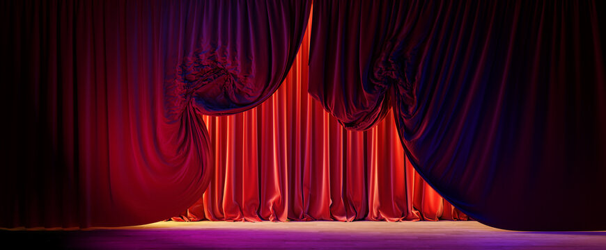 Theater stage with flowing red velvet curtains opening. Dramatic red curtains in motion on a theater stage with colorful lighting