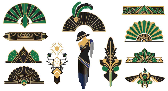 Art Deco Style Decorative Elements Set with Flapper Girl and Geometric Fan Motifs