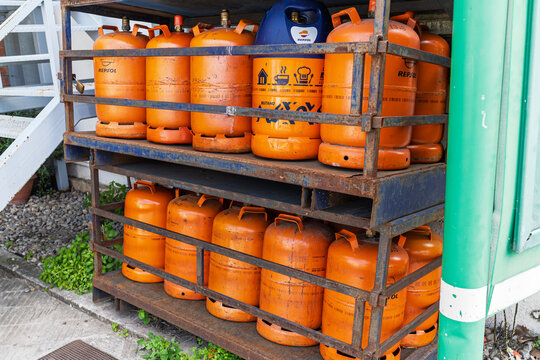 Barcelona, Spain - April 17, 2026: Repsol butane gas cylinders