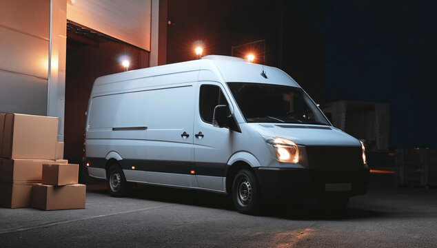 A modern white delivery van is parked with cargo boxes at a brightly lit warehouse loading dock entrance at night