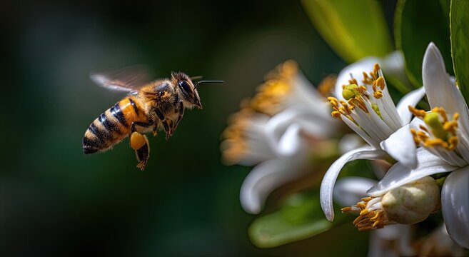 A bee with pollen baskets collects nectar from a blooming white flower