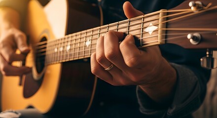Obraz premium Close-up of hands playing guitar.