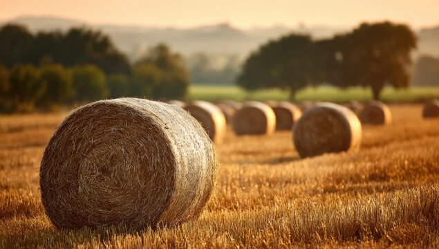 Golden hour illuminates round hay bales scattered across a sun-kissed, harvested field