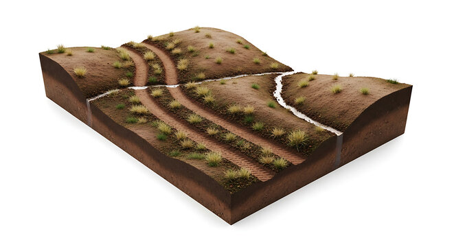 Conceptual 3D illustration of an idealized landscape with diverse elevation and meandering trails