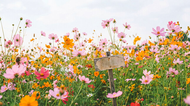 A vibrant field of pink and orange cosmos flowers blooming under a bright sky.