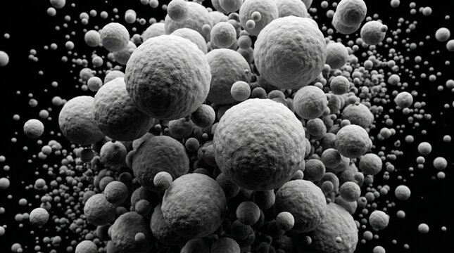 monochromatic descent into the microscopic void, where floating,high magnification scanning electron microscop world of advanced science and the aesthetic of deep space."