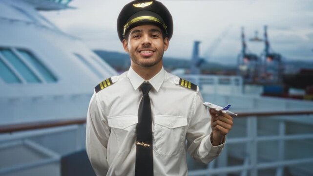 Pilot man in uniform and captain hat holds a model airplane in his right hand and blows a kiss, epaulettes and tie visible on a studio set; pride duty.