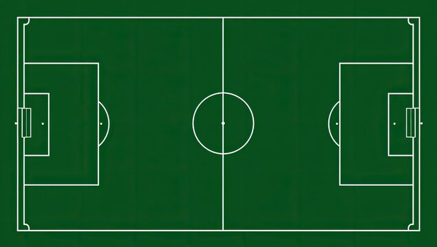 An aerial view depicts a vibrant green soccer field with clearly marked white lines defining the playing area, including goalposts, center circle, and penalty boxes.
