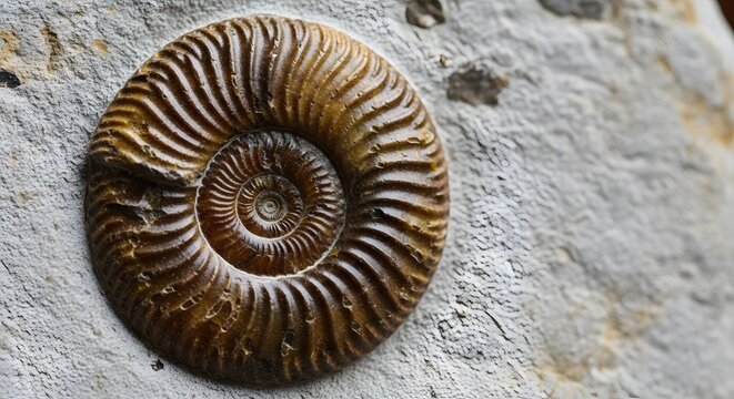 Fossilized Ammonite Shell on Rock Surface.