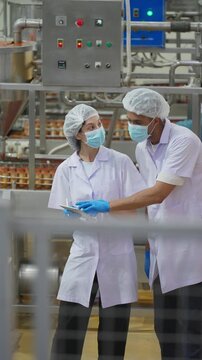 Precision and Partnership: Two professionals, clad in protective gear, collaborate in a food production facility, meticulously reviewing data amidst the industrial backdrop. 