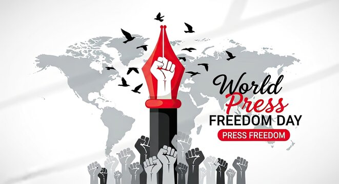 World press freedom day poster with raised fists and pen nib