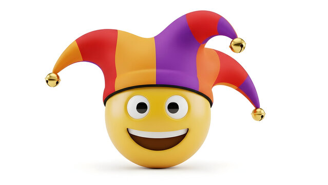 A colorful jester hat worn by a happy yellow smiley face emoji isolated on a solid white background
