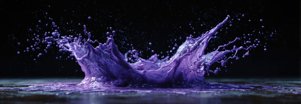 A vibrant purple liquid explodes in a dynamic splash against a stark black background, capturing a moment of fluid motion and artistic beauty.