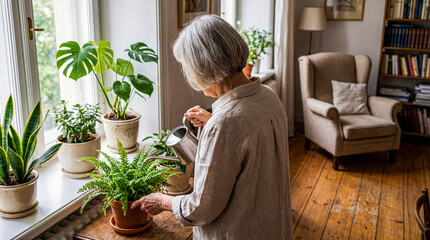 Elderly woman with gray hair watering green potted plants on a bright windowsill in a cozy living room. © Nicholas