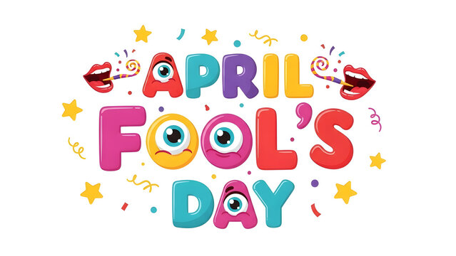 Colorful graphic design celebrating april fools day with funny monster eyes and party elements