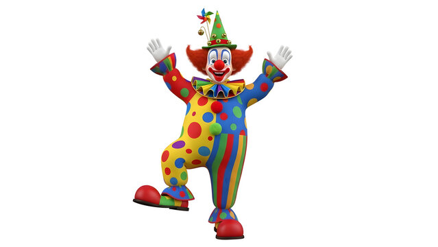 A vibrant and cheerful circus clown dancing with arms raised against a clean white background